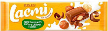 Шоколад Roshen Lacmi молочний з цілими лісовими горіхами і шоколадно-карамельною начинкою 295 г