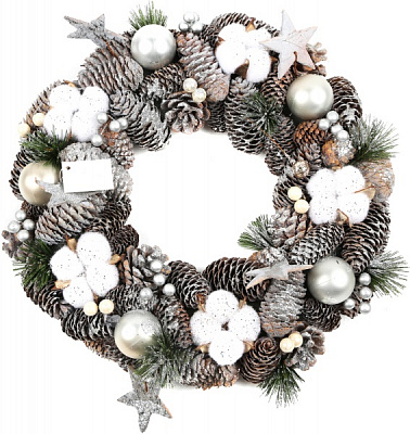 Декорація новорічна вінок з шишок і срібних кульок d33 мм EWJ-20A9076