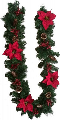 Гірлянда декоративна внутрішня 1,8м з шишками, ягодами та пуансетіями