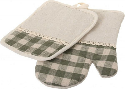 Набор кухонный рукавичка и прихватка Green check зеленый с белым 