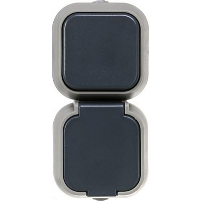 Розетка + вимикач із заземленням Vesta без шторок з кришкою сірий HSN-BLK.H2B54G1W1G1WGC-GR