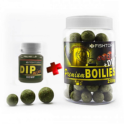Бойлы Fishtoria насадочные Premium Boilies 14.18.20мм + DIP 20мл 200 г конопля