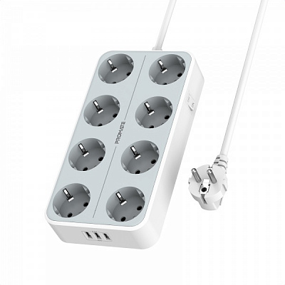 Сетевой фильтр Promate 11-в-1 PowerCord8EU-2M 8 розеток и 3 USB порта с заземлением 8 гн. white 2 м powercord8eu-2m.white 
