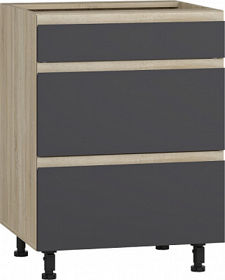 Тумба нижняя с тремя ящиками МС Джетта 60х82х54 см, графит серый/дуб сонома Грейд