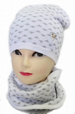 Комплект шапка + снуд для дівчаток Kraft+ р.52-54 білий із сірим 1509