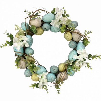 Венок пасхальный с яйцами и цветами 35 см голубой (FK21A460P)