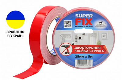 Двостороння клейка стрічка Mustang Super Fix 25 мм 19 мм 5 м білий