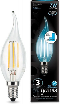 Лампа светодиодная Gauss FIL Step Dim CA37 7 Вт E14 4100 К 220 В прозрачная 104801207-S 
