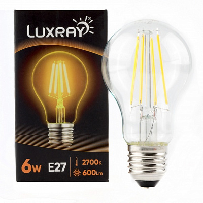 Лампа светодиодная Luxray FIL 6 Вт A60 прозрачная E27 220 В 2700 К LXF427-A60-2706 