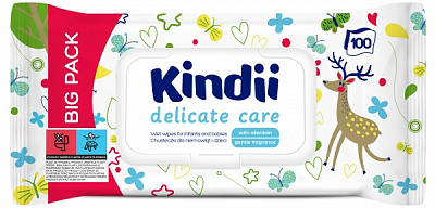 Детские влажные салфетки Kindii Delicate Care для младенцев и детей с клапаном 100 шт.