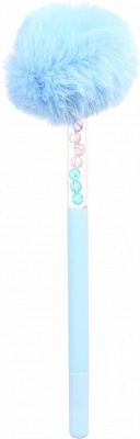 Ручка шариковая Пушистый помпон с жемчужинами голубая 