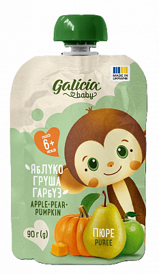 Пюре фруктово-овочеве Galicia Baby яблучно-грушево-гарбузове натуральне гомогенізоване стерилізоване 90 г