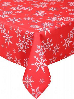 Скатертина новорічна білі сніжинки 150x260 см білий із червоним ІТА ДРІМ