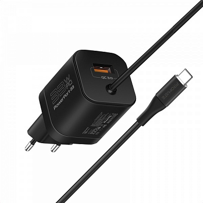 Сетевое зарядное устройство Promate PowerPort-PDQC3 33 Вт USB-A порт + USB-C кабель (powerport-pdqc3.black) 