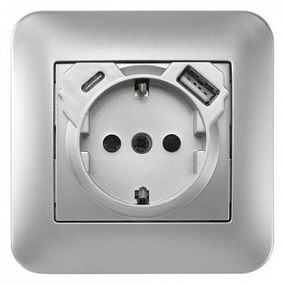 Розетка побутова + USB + Type C із заземленням Hausmark Luno IP20 срібний 709-4343-181TC