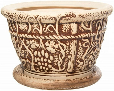 Горшок керамический Виноград большой круглый 31,1л бежевый с рисунком 