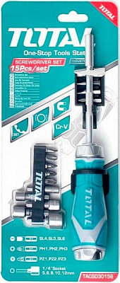 Набор ручного инструмента TOTAL® храпова отвертка биты, головки 15 шт. TACSD30156
