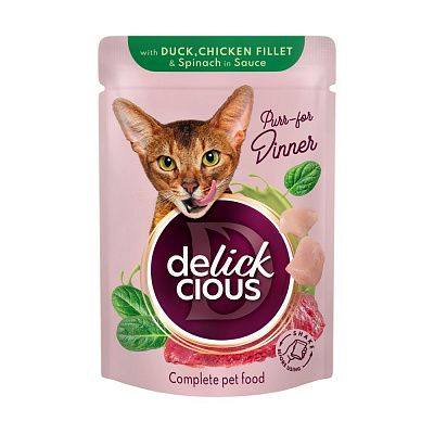Корм вологий DELICKCIOUS «Шматочки з качкою, курячим філе і шпинатом в соусі» 85 г