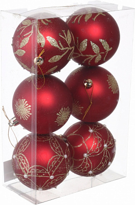 Набор елочных шаров Орнамент красный матовый d 80 мм 6 шт./уп.