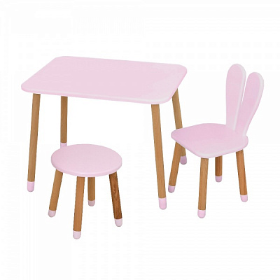 Комплект меблів дитячий ArinWOOD Зайчик рожевий (столик 500x680 + стільчик + табурет) 04-027R+SET