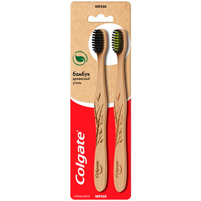Зубная щетка Colgate бамбук/древесный уголь черная мягкая 2 шт.