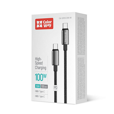 Дата-кабель ColorWay Type-C - Type-C (zinc alloy braided) (PD Fast Charging 100W) 5А 1 м black (CW-CBPDCC098-BK)