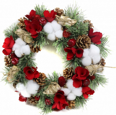 Вінок хвойний New Star з шишками, квітками та бавовною d340 мм C320351