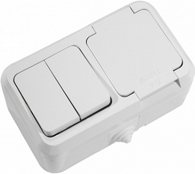 Розетка + вимикач із заземленням Makel IP44 без шторок з кришкою білий 18351