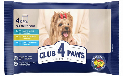 Корм вологий Club 4 Paws для собак ягня в соусі, кролик в соусі, лосось у соусі, пауч, 4х85 г