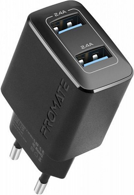 Зарядное устройство Promate BiPlug 12Вт 2 USB Black 