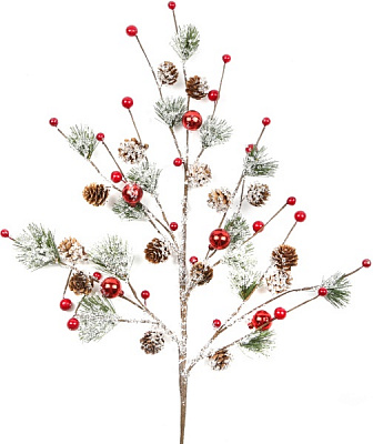 Декорація новорічна Dalian Everglory гілка з хвойними пучками та шишками 76 см 20A9019