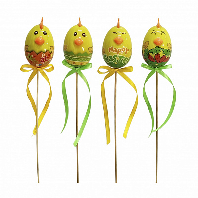 Декорация пасхальная цыпленок на стеке с лентой 7,5 см в ассортименте
