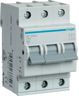 Автоматический выключатель Hager 3P 6kA C-63A 3M MC363A