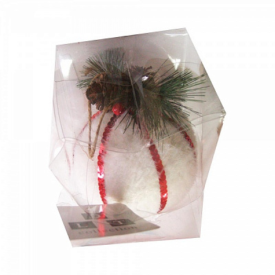 Куля новорічна пухнаста з червоною стрічкою 12 см 9224-4 білий