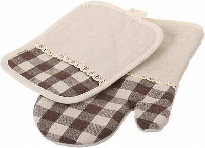 Набор кухонный рукавичка и прихватка Brown check коричневый с рисунком 