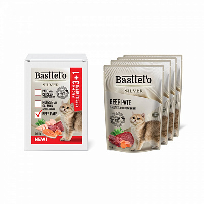 Корм вологий Basttet`o мус для котів з яловичиною пауч 85 г. 3+1