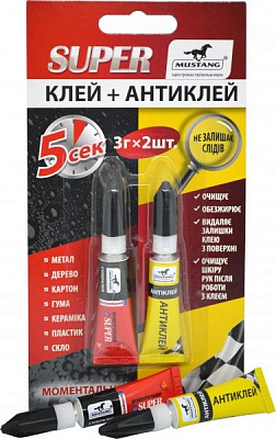 Суперклей Mustang Моментальний + Антиклей 2 шт. 3 г