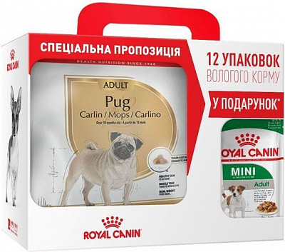 Корм Royal Canin для собак PUG ADULT 3 кг + 12 паучей влажного корма MINI ADULT 85 г