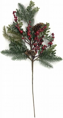 Декорация новогодняя Ветка хвойная с ягодами, шишками и листьям 63 см EPI-A3-3048HAR 