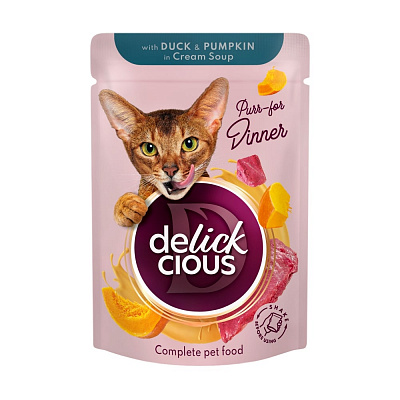 Корм влажный DELICKCIOUS Полоски с уткой и тыквой в крем-супе 85 г