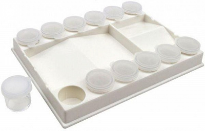 Палитра пластиковая прямоугольная с лунками 20,5х15х3см. + 12 баночек с крышечкой D.K.Art&Craft