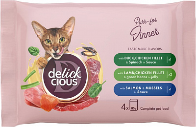 Корм влажный для котов DELICKCIOUS с куриным филе в шпинатном соусе 300 г