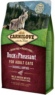 Корм Carnilove сухой для кошекHairball для выведения шерсти, утка и фазан, 2кг