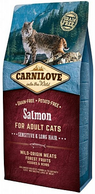 Корм Carnilove сухой для кошек с чувствительным пищеварением Sensitive & Long Hair, лосось, 6 кг