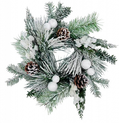 Венок новогодний хвойный микс заснеженный с белыми ягодами и шишками d350 мм A3-56229