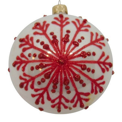 Шар новогодний d80 белый с красным рисунком 9629/31177 
