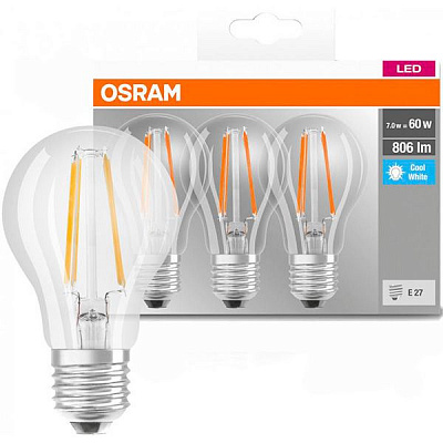 Лампа світлодіодна Osram FIL 3 шт./уп. A60 7 Вт E27 4000 К 220 В прозора 4058075819535