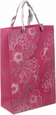 Пакет подарочный LL-1 D-1143 розовый серебряные цветы с лаком глитер.