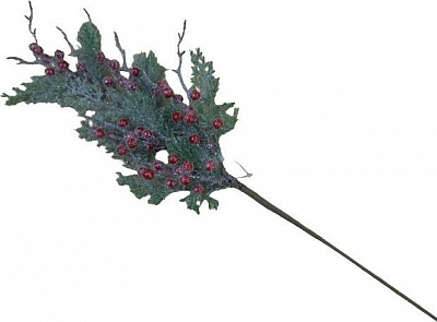 Декорація гілка хвойна з ягодами шишками та вусиками засніжена 70 см RS1Z2885