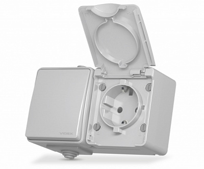 Розетка + вимикач одноклавішний вологозахищена подвійна із заземленням Videx Binera BINERA IP65 сірий VF-BNW3-G